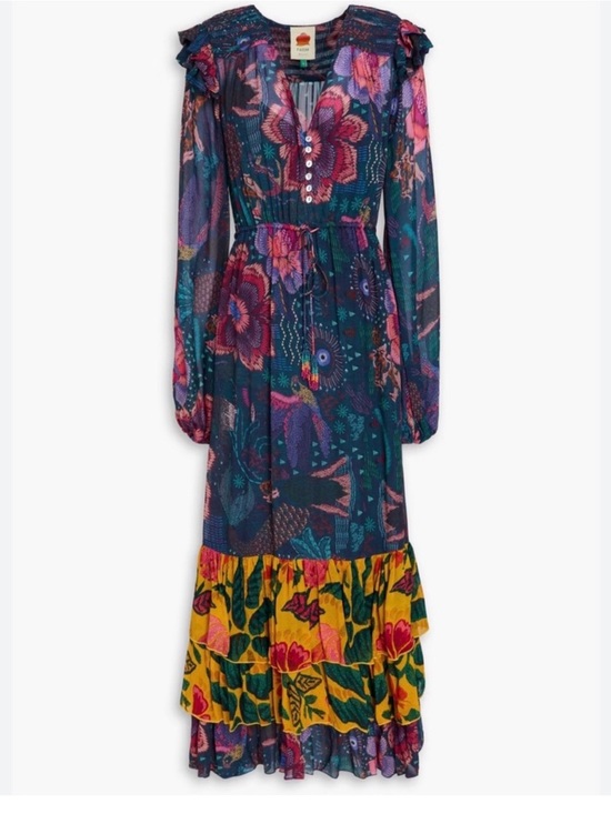 FARM Rio Dresses & Skirts - FARM Rio Teal Floral Long Sleeve Maxi Dress with Yellow Ruffle Hem